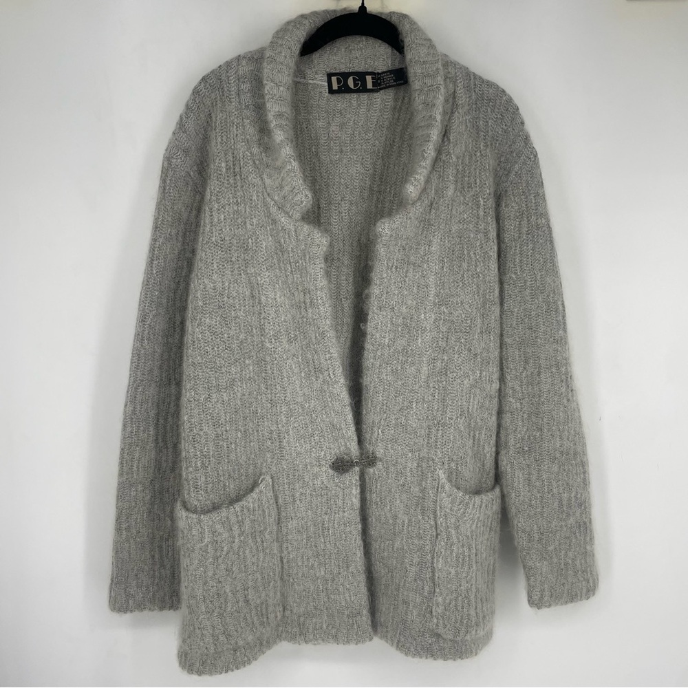 Vintage 70s Mohair Cardigan Sweater PGE Gray Grandma Grandpa Fuzzy Long Pockets